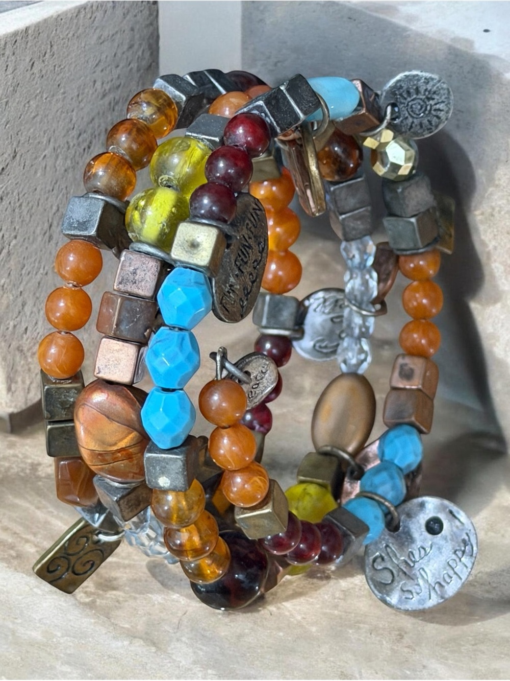Boho (Silvestri?) Born To Shop Chunky Memory Wire Wrap Bracelet Beaded Charms